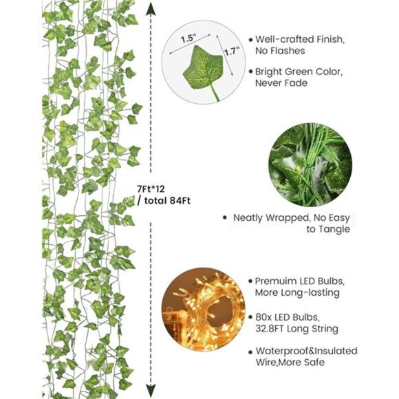 artificial ivy garland with lights 12 pack fake vines led string lights decor - Picture 4 of 7